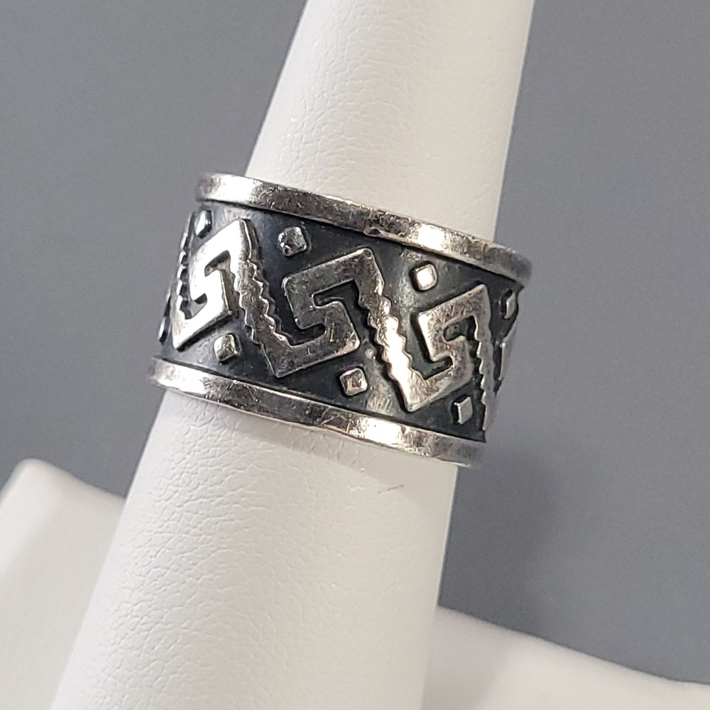 Taxco Mexico Ring Sterling Silver Aztec Geometric Wide Band 10.31g 925 Jewlery